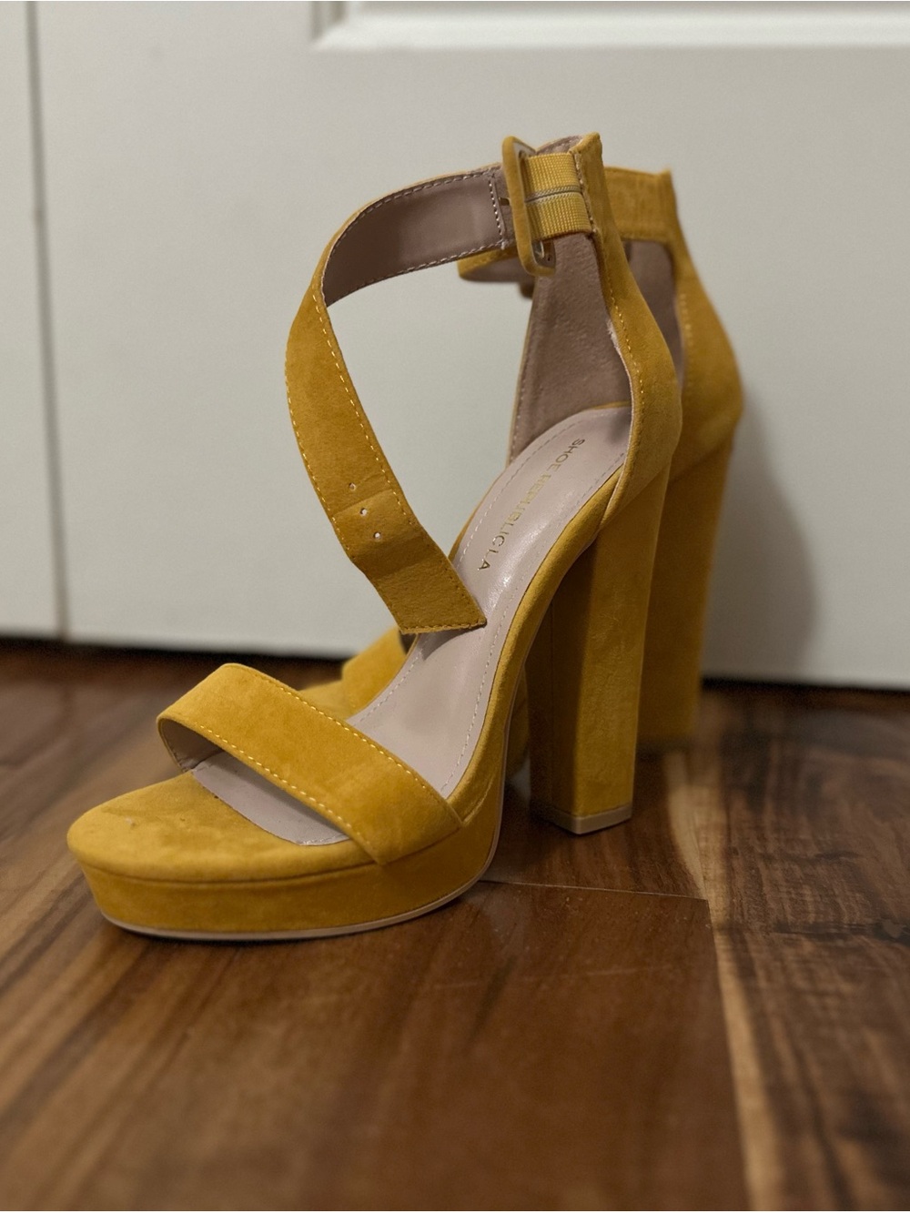 Platform Block Heel Sandals - Mustard Yellow Suede